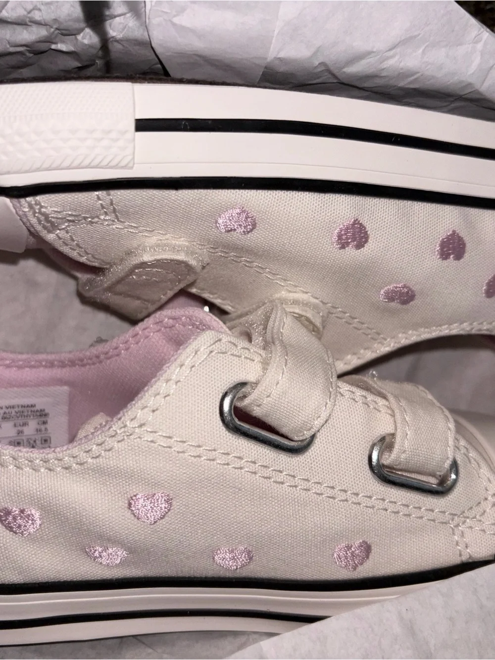 Converse Kids Canvas Sneakers in Cream with Pink Hearts
